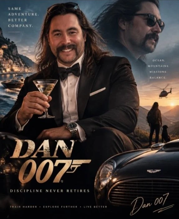 Playful cinematic poster of Dan in a tuxedo, with DAN 007 lettering and the tagline Discipline Never Retires.